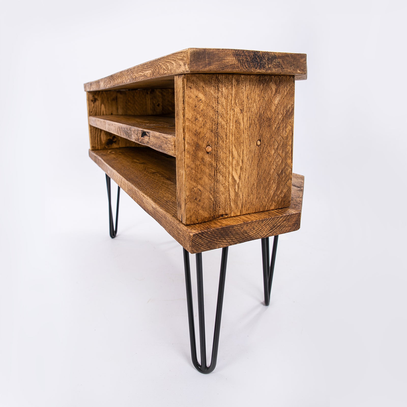 Wooden Corner TV Unit with black metal hairpin legs. Corner angle