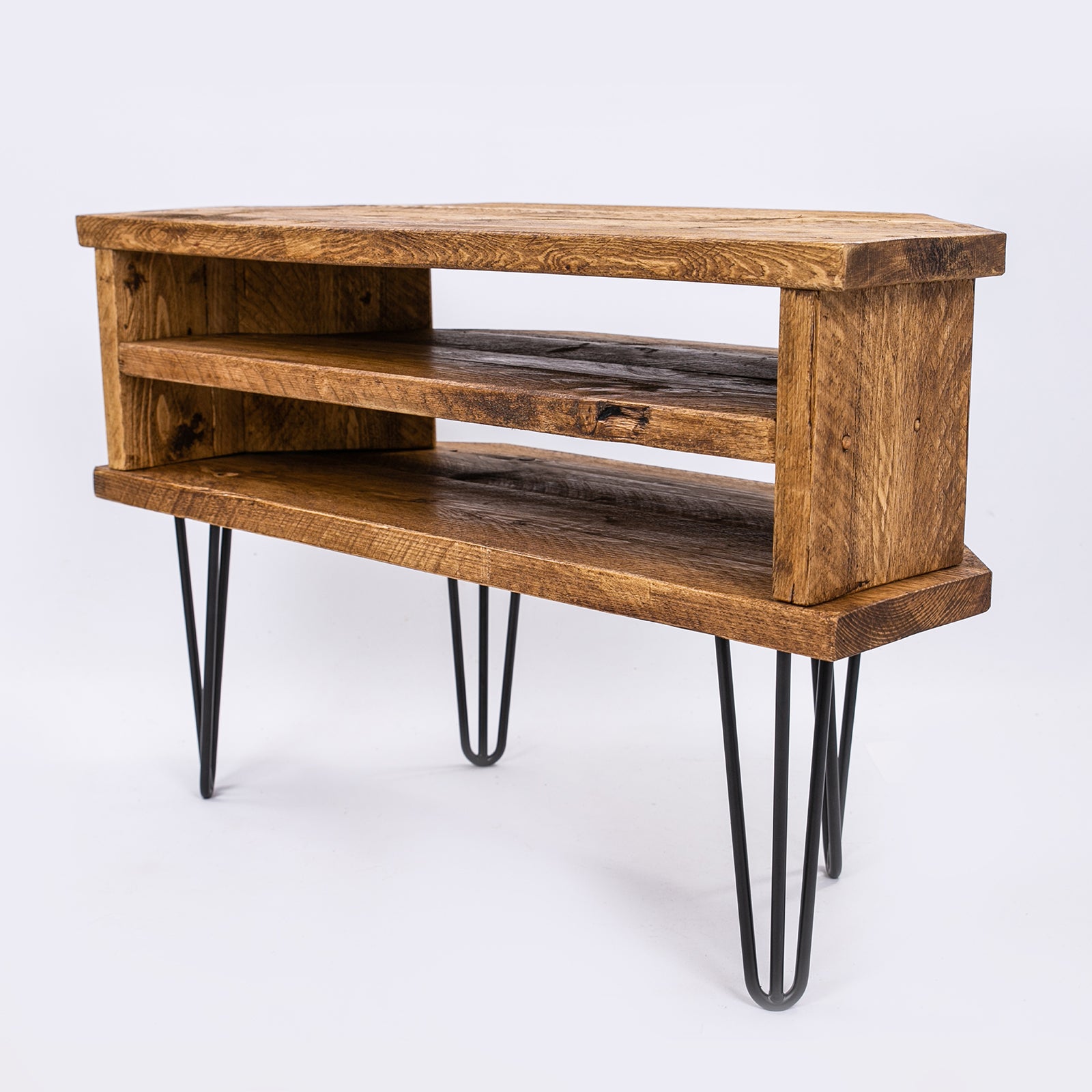 Wooden Corner TV Unit with black hairpin legs. Front side view