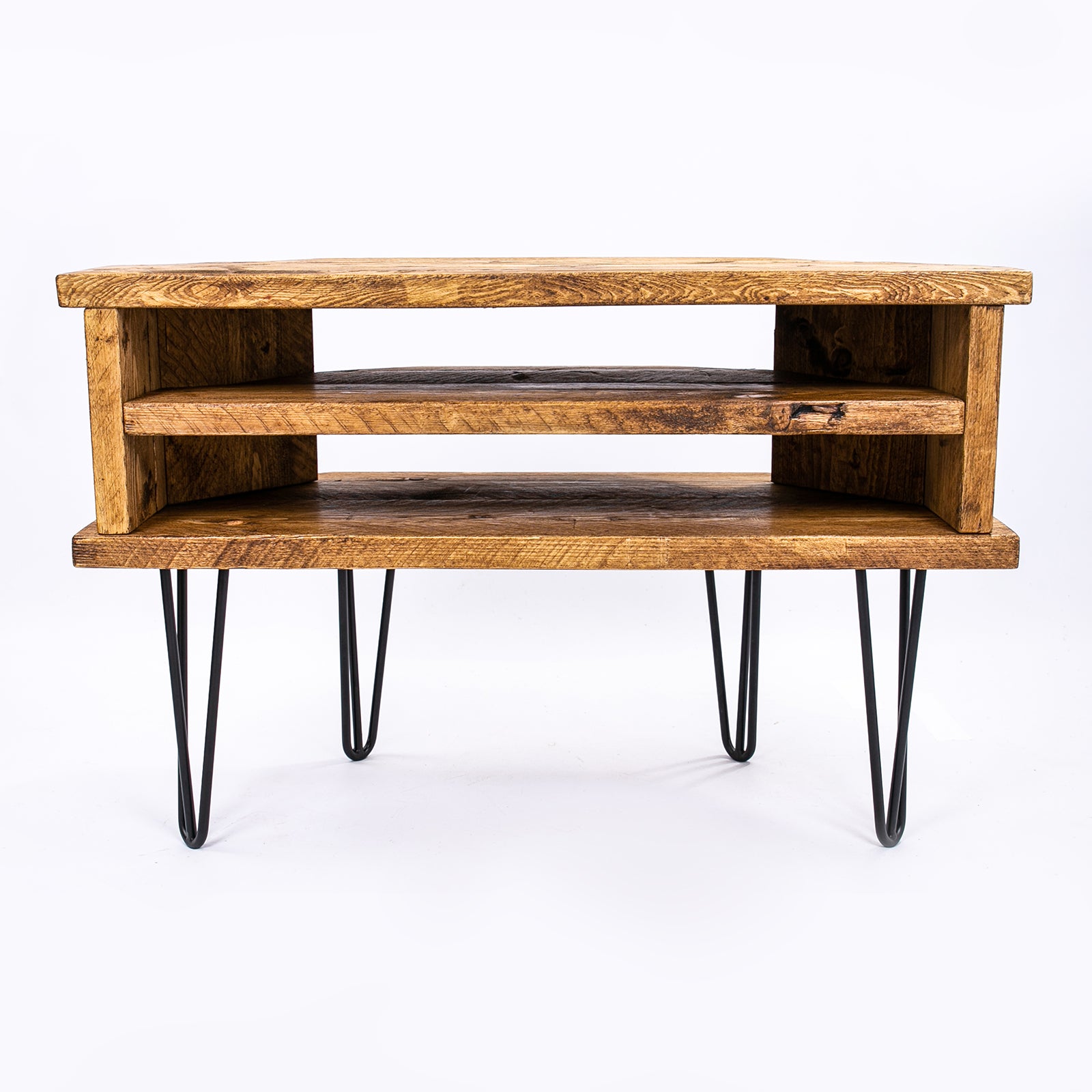 Wooden Corner TV Unit with black legs. Frontal view
