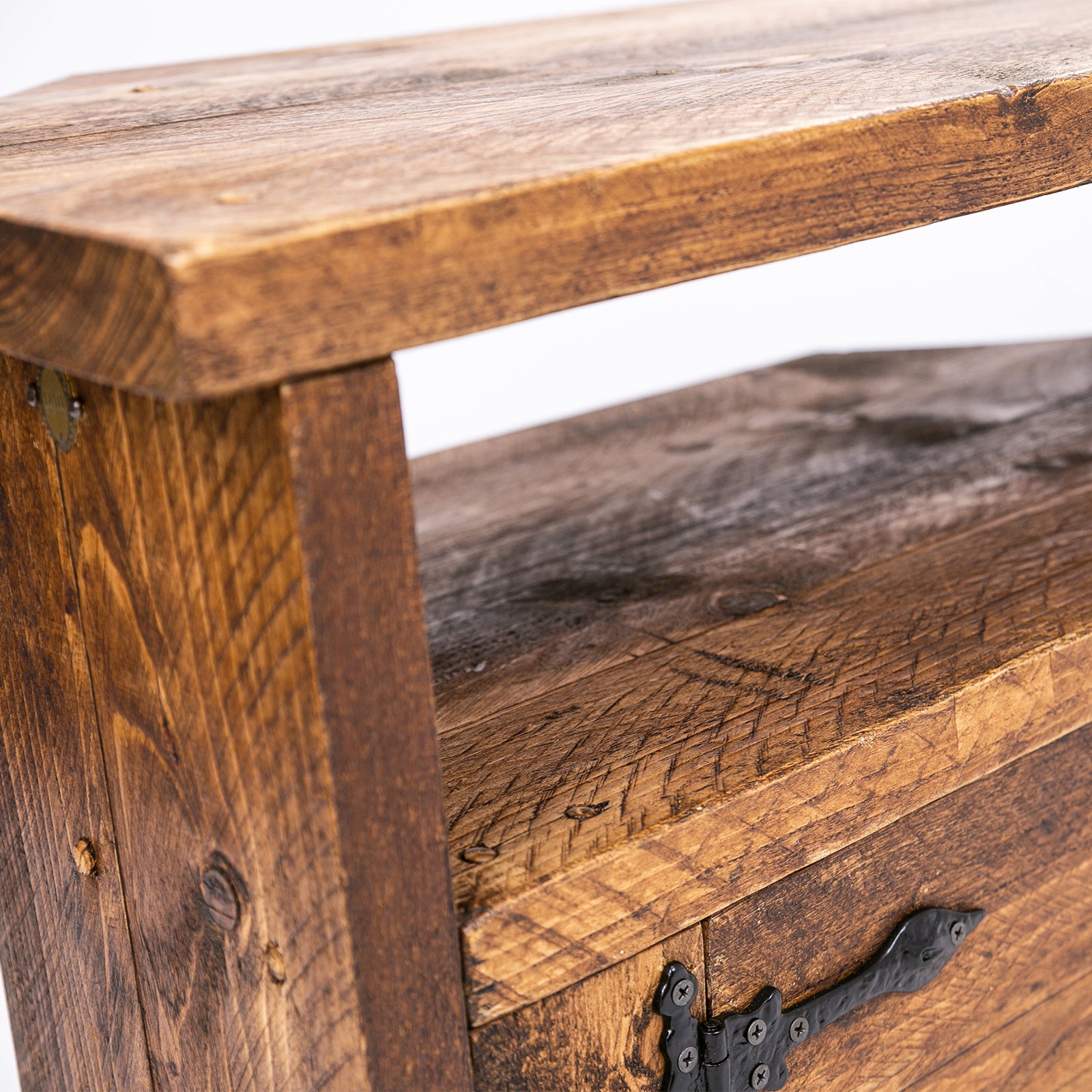 Wooden Corner TV Unit with doors. Corner close up image