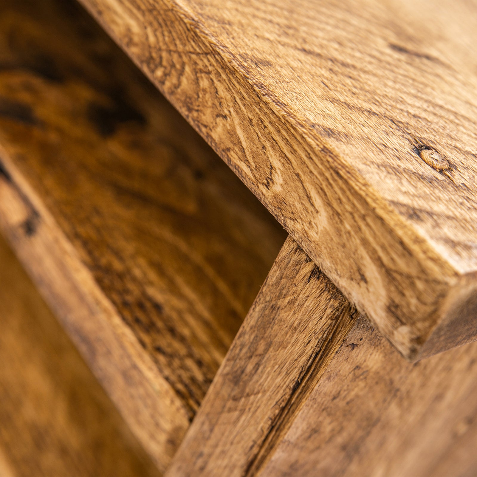 Wooden Corner TV Unit. Close up of wood grain and dowels