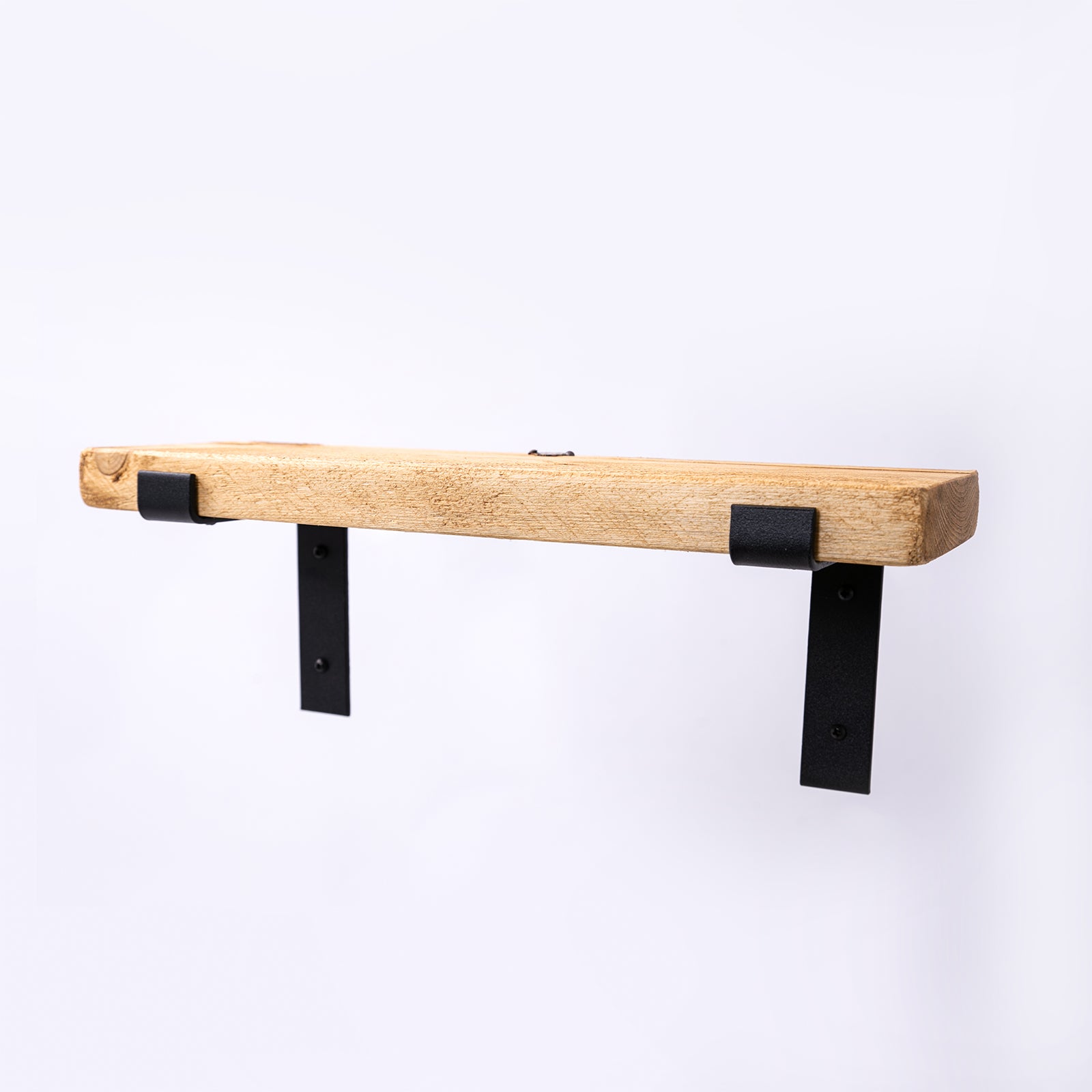 Wooden Shelf Black Brackets. Front angled image