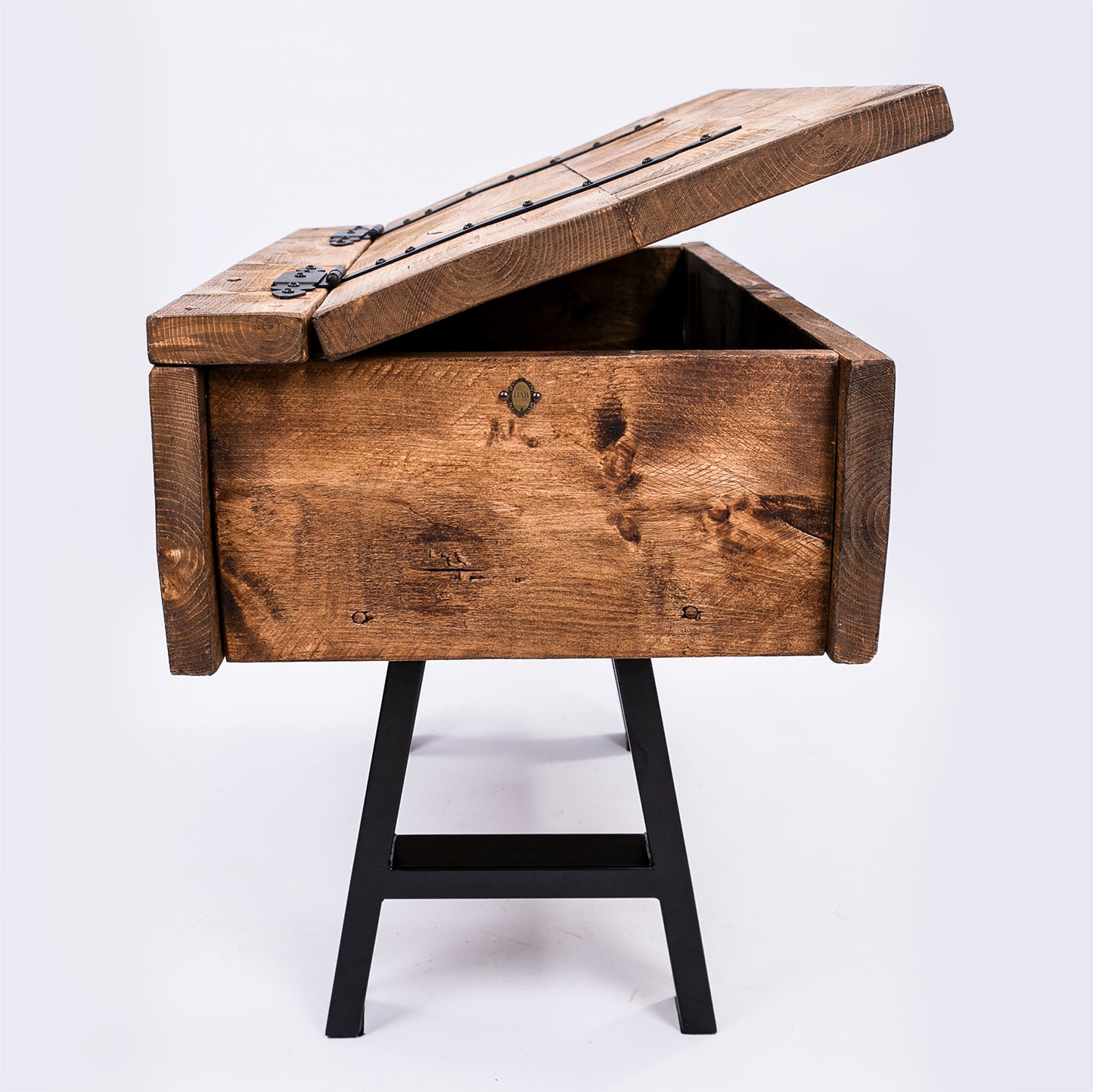 Wooden Storage Trunk. Side on view with lid open