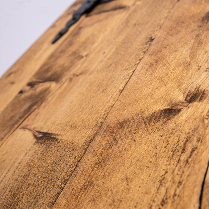 Wooden storage trunk top, showing close up of wood finish