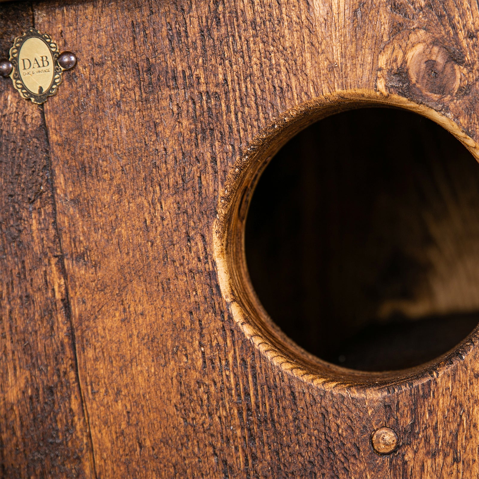 Wooden Wine Rack Stand. Close up of badge