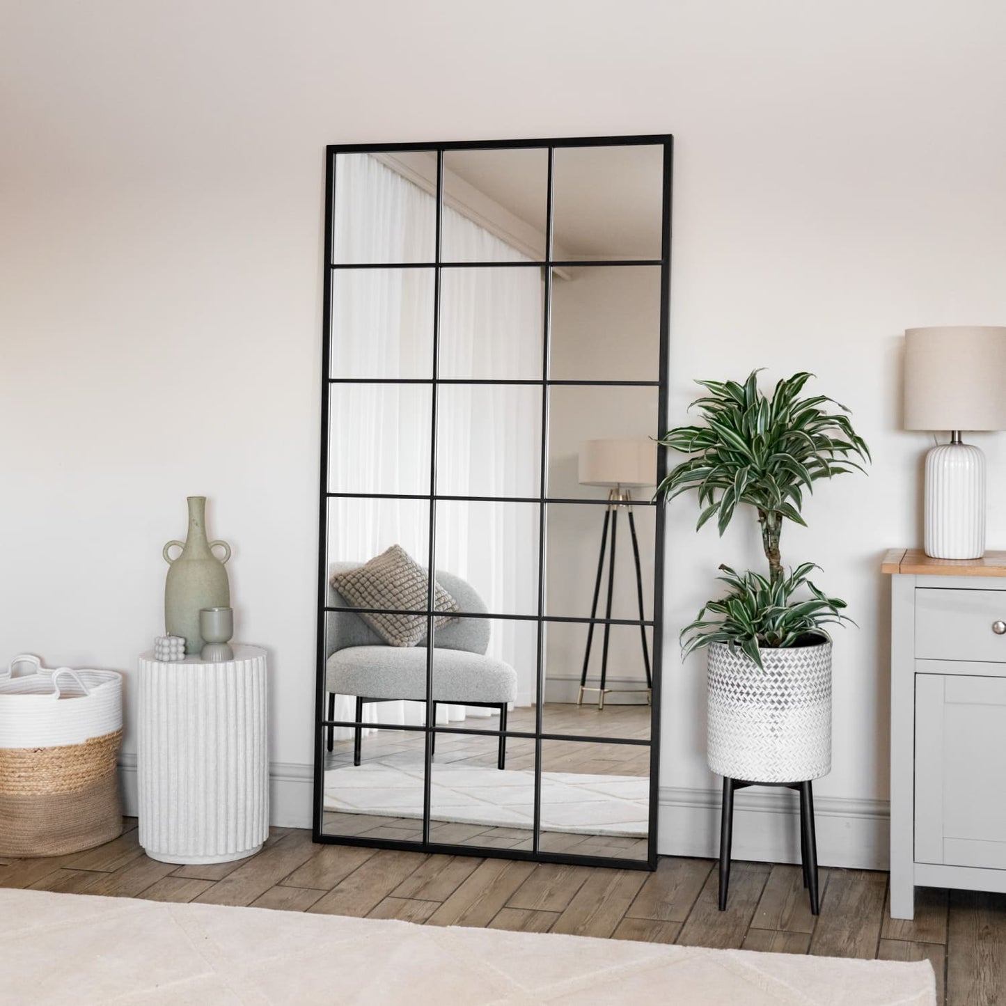 Kyō - Full Length Black Metal Rectangle Lattice Window Mirror - 180cm x 90cm