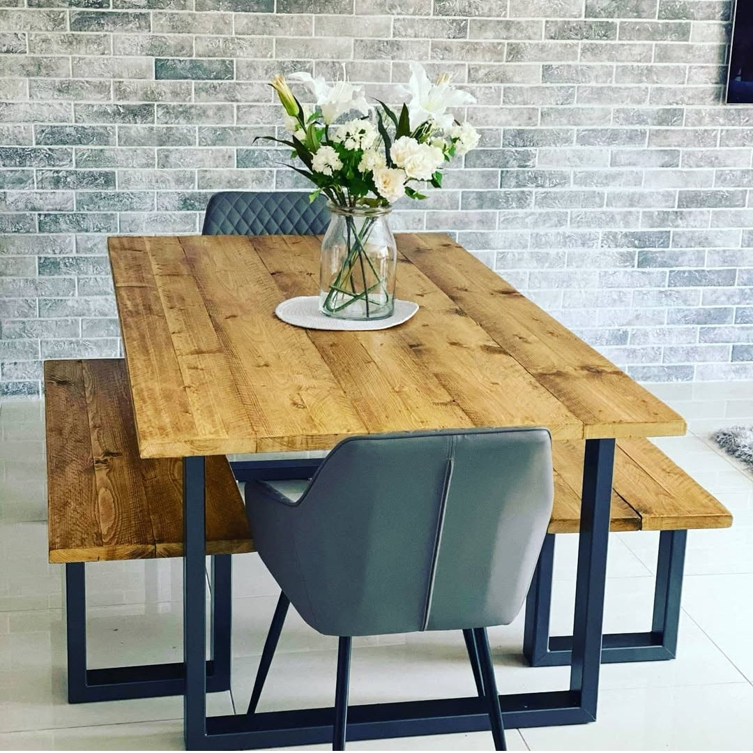 Solid Wood and Grey Dining Table Set - Bespoke Modern Kitchen Table 2 Bench Set