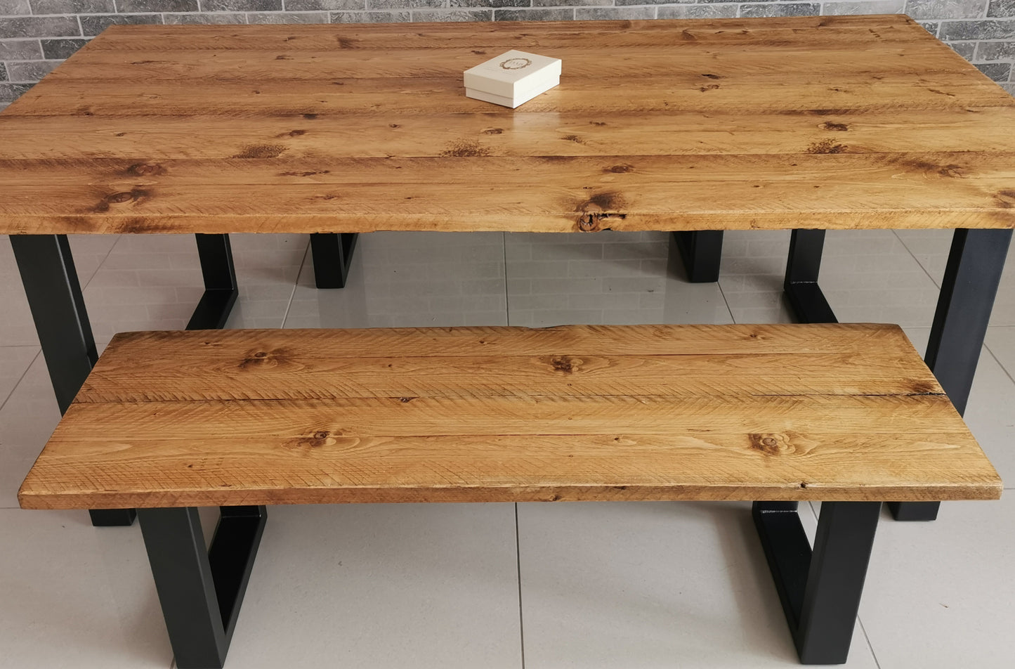 Solid Wood and Grey Dining Table Set - Bespoke Modern Kitchen Table 2 Bench Set