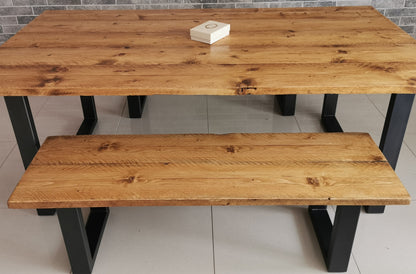 Solid Wood and Grey Dining Table Set - Bespoke Modern Kitchen Table 2 Bench Set